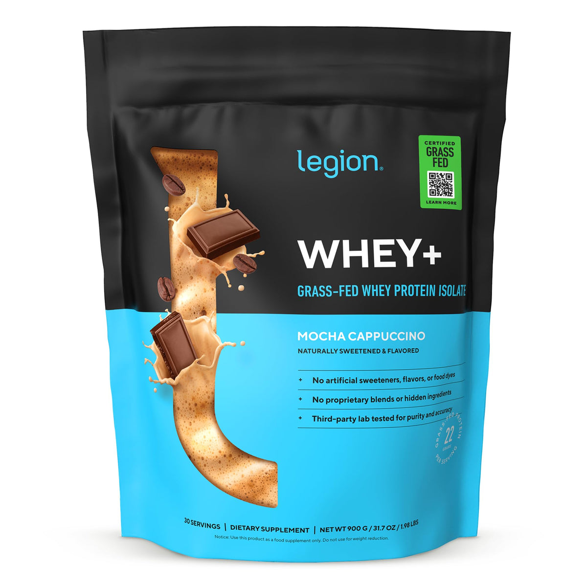 Legion Whey+ Protein Isolate Grass Fed, Chocolate, 30 Servings