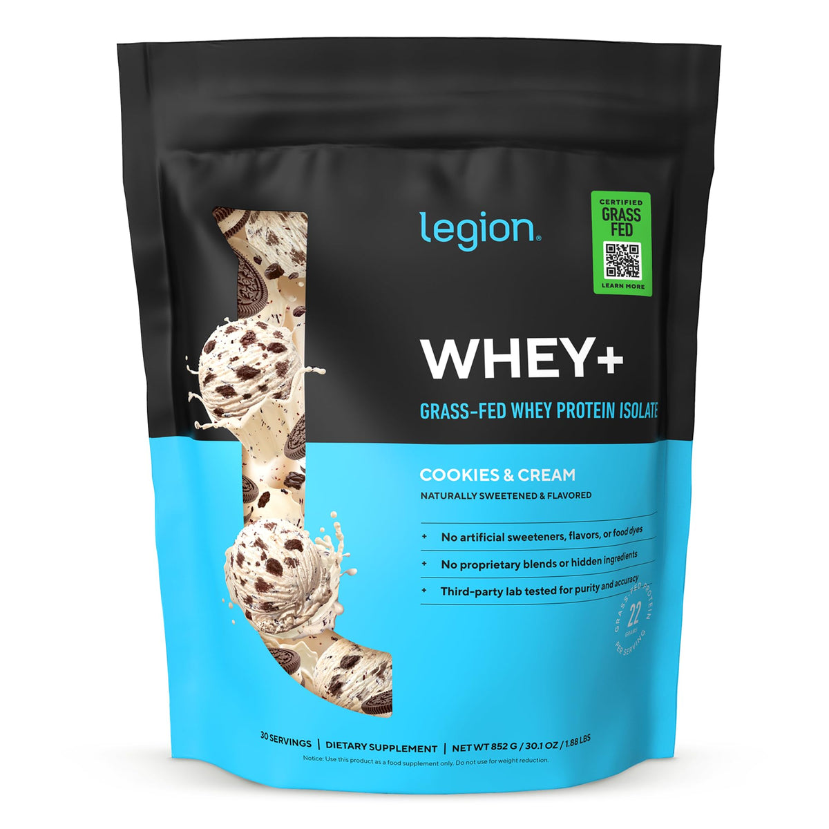 Legion Whey+ Protein Isolate Grass Fed, Chocolate, 30 Servings