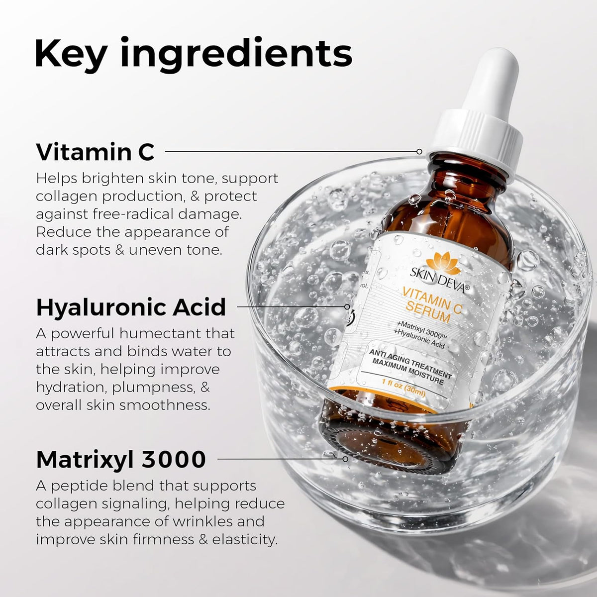 Skin Deva Vitamin C and Hyaluronic Acid Serum for Face Matrixyl 3000 Anti Aging Serum, Anti Wrinkle Facial Serums - Improve Appearance of Dark Spots, Tone, Fine Lines, Glowing- 1 fl Oz