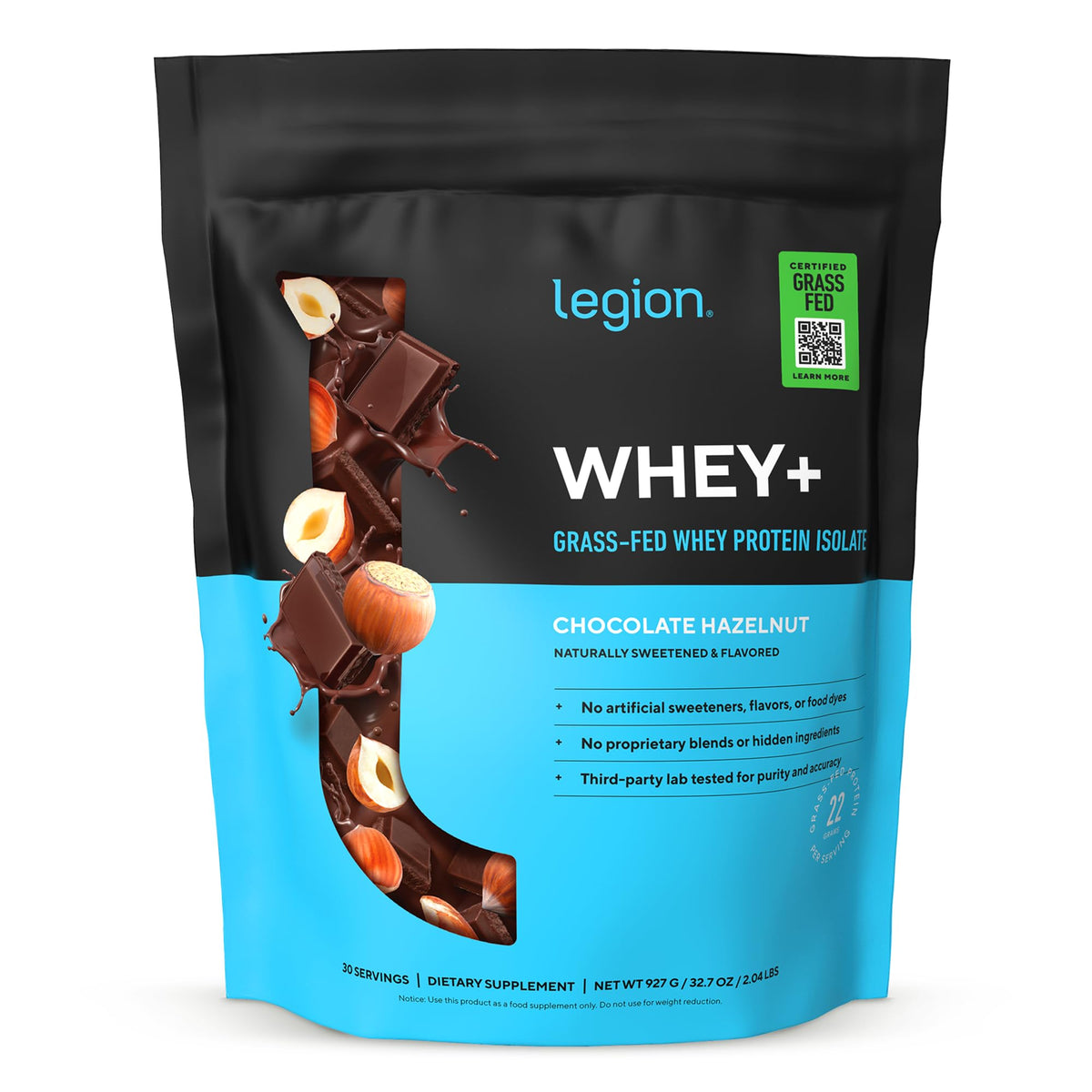 Legion Whey+ Protein Isolate Grass Fed, Chocolate, 30 Servings