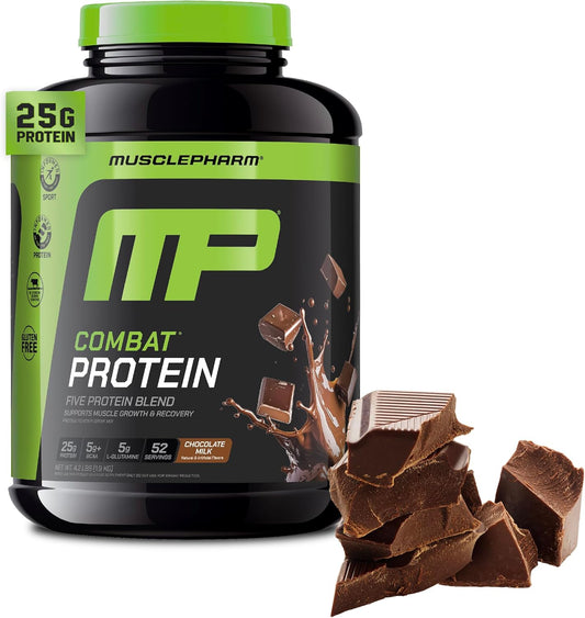 MusclePharm Combat Protein Powder, Chocolate Milk Flavor, Fuels Muscles for Productive Workouts, 5 Protein Sources including Whey Protein Isolate & Egg Albumin, Gluten Free, 4.2 lb, 52 Servings