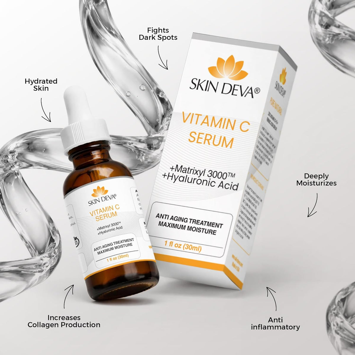 Skin Deva Vitamin C and Hyaluronic Acid Serum for Face Matrixyl 3000 Anti Aging Serum, Anti Wrinkle Facial Serums - Improve Appearance of Dark Spots, Tone, Fine Lines, Glowing- 1 fl Oz
